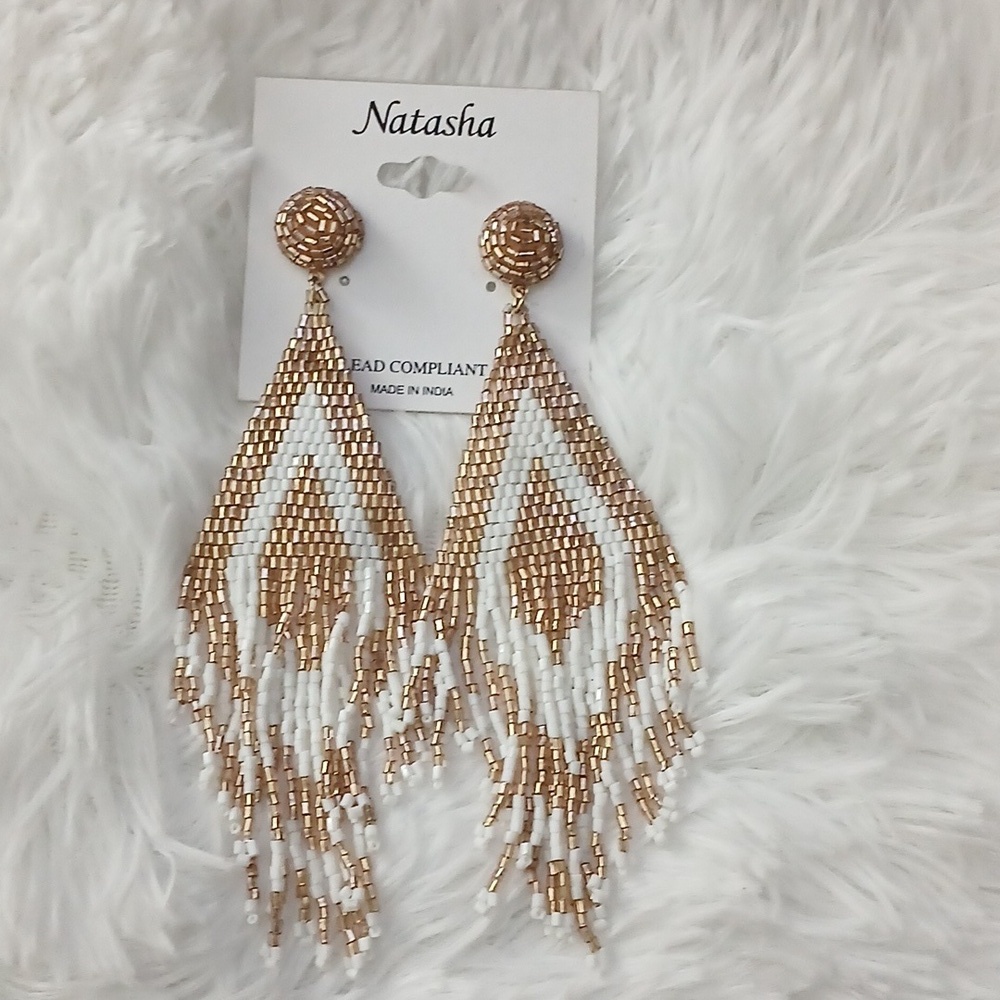 Natasha Couture Gold White Beaded Fringe Boho Festival Sexy Statement Earrings - Picture 2 of 13